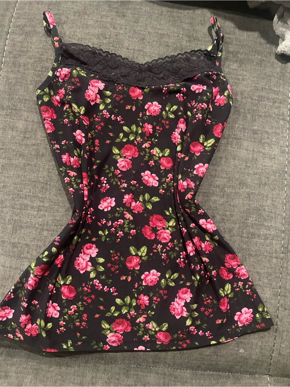 No Boundaries Black Floral Lace-Trim Cami with Pink Roses